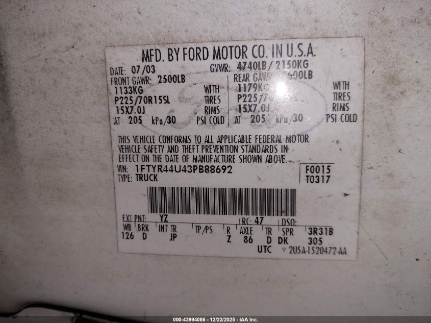 2003 Ford Ranger Edge/Tremor/Xlt VIN: 1FTYR44U43PB88692 Lot: 43994086