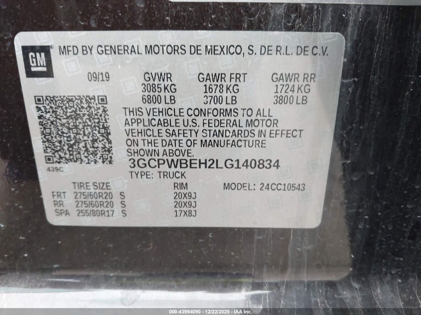 2020 Chevrolet Silverado 1500 2Wd Short Bed Custom VIN: 3GCPWBEH2LG140834 Lot: 43994090