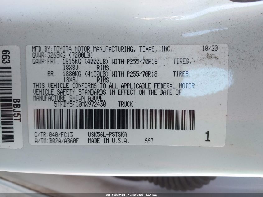 2021 Toyota Tundra Sr5 VIN: 5TFDY5F10MX972430 Lot: 43994101