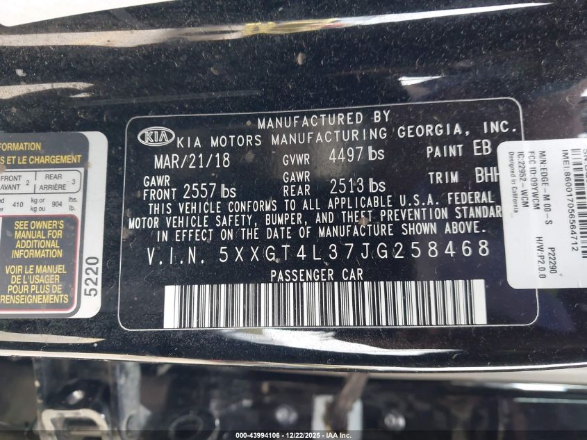 2018 Kia Optima Lx VIN: 5XXGT4L37JG258468 Lot: 43994106