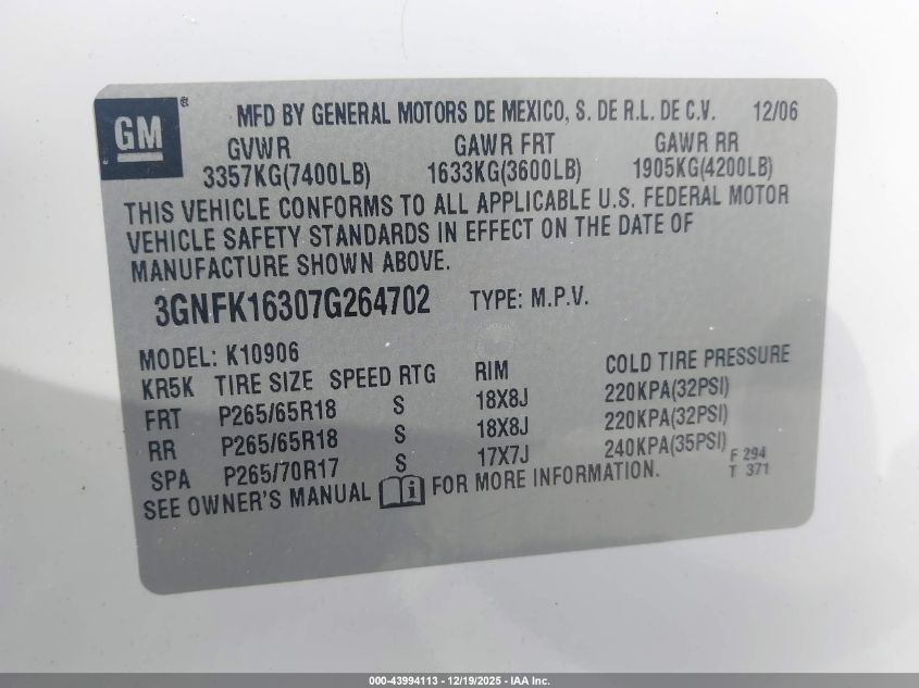 2007 Chevrolet Suburban 1500 Lt VIN: 3GNFK16307G264702 Lot: 43994113