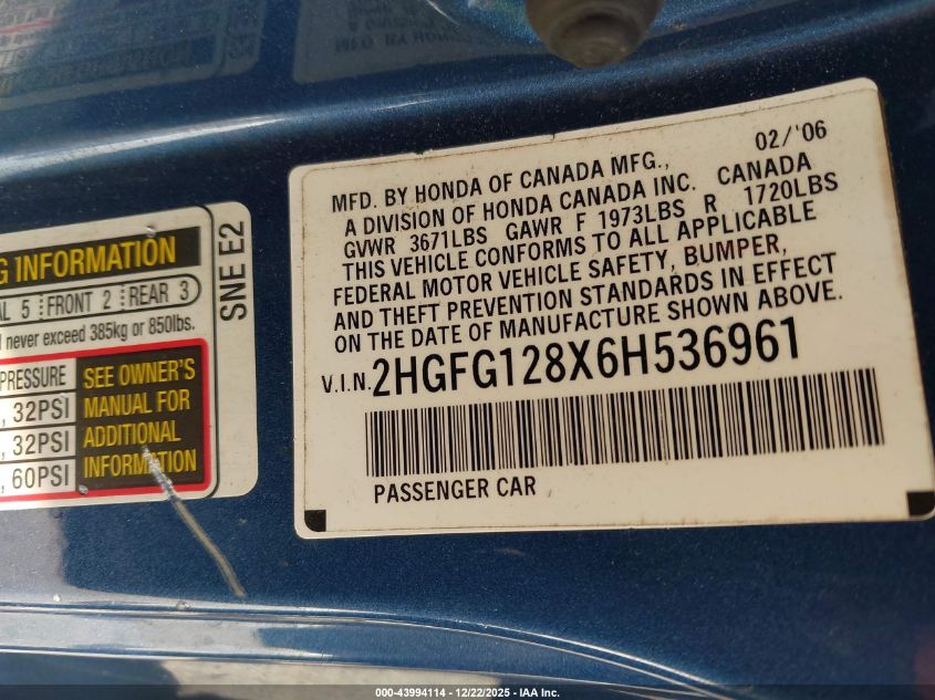 2006 Honda Civic Ex VIN: 2HGFG128X6H536961 Lot: 43994114