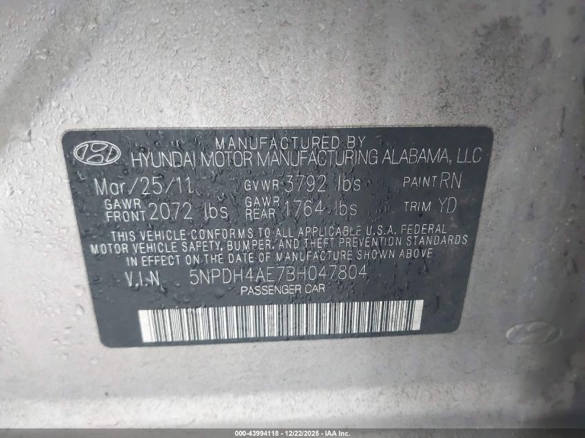 2011 Hyundai Elantra Gls VIN: 5NPDH4AE7BH047804 Lot: 43994118