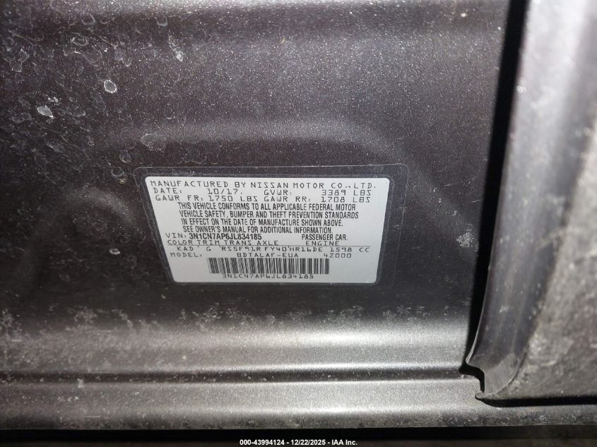 2018 Nissan Versa 1.6 S VIN: 3N1CN7AP6JL834185 Lot: 43994124