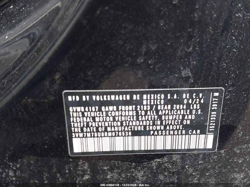 2024 Volkswagen Jetta 1.5T Se VIN: 3VW7M7BU8RM076536 Lot: 43994136
