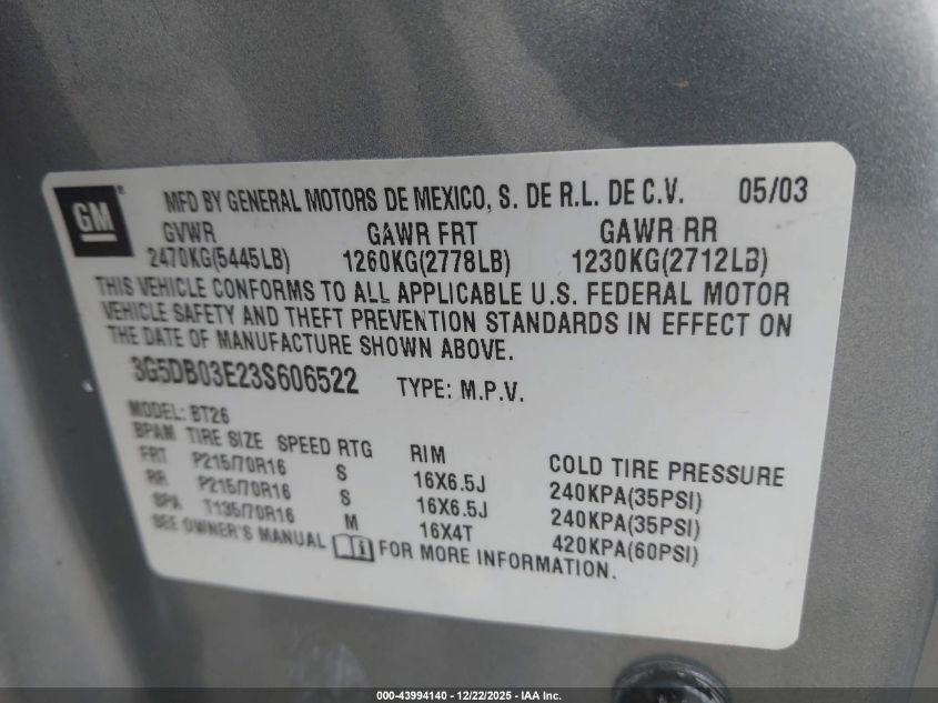 2003 Buick Rendezvous Cx VIN: 3G5DB03E23S606522 Lot: 43994140