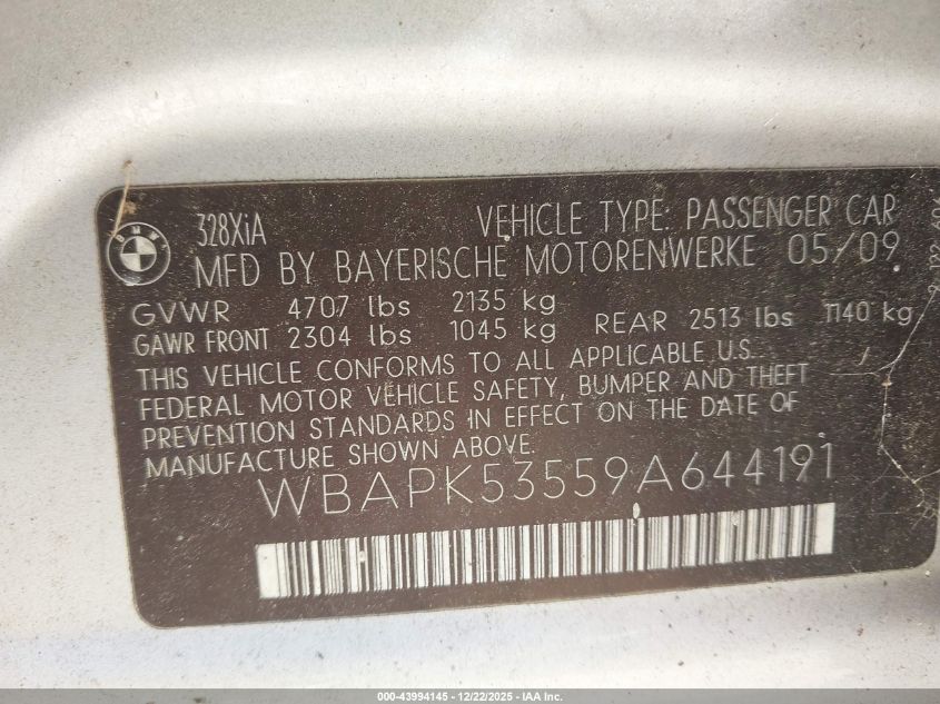 2009 BMW 328I xDrive VIN: WBAPK53559A644191 Lot: 43994145