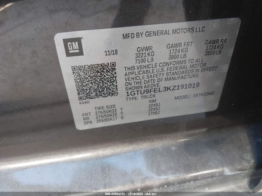 2019 GMC Sierra 1500 Denali VIN: 1GTU9FEL3KZ191019 Lot: 43994152