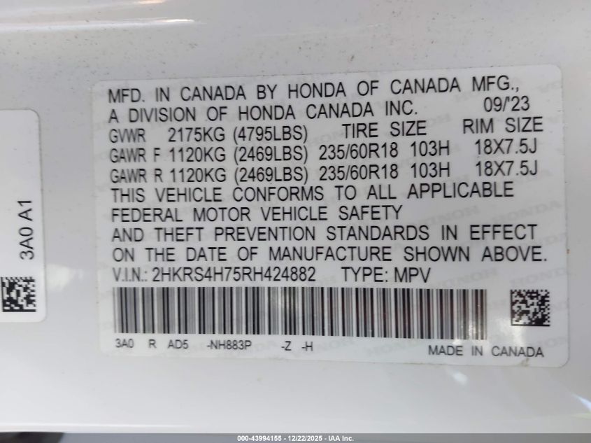 2024 Honda Cr-V Ex-L Awd VIN: 2HKRS4H75RH424882 Lot: 43994155