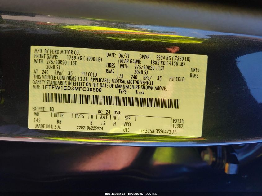 2021 Ford F-150 Platinum VIN: 1FTFW1ED3MFC00500 Lot: 43994164