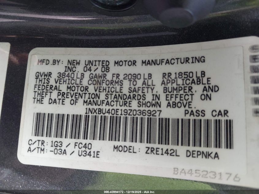 2009 Toyota Corolla Xle VIN: 1NXBU40E19Z036927 Lot: 43994172