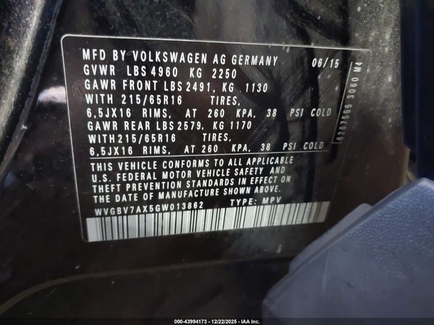 2016 Volkswagen Tiguan S VIN: WVGBV7AX5GW013862 Lot: 43994173