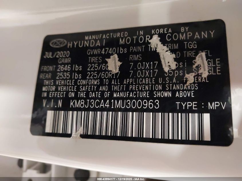 2021 Hyundai Tucson Value VIN: KM8J3CA41MU300963 Lot: 43994177