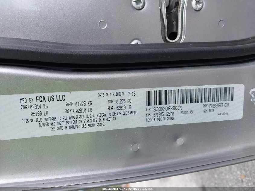 2015 Dodge Charger Sxt VIN: 2C3CDXHG8FH886671 Lot: 43994178