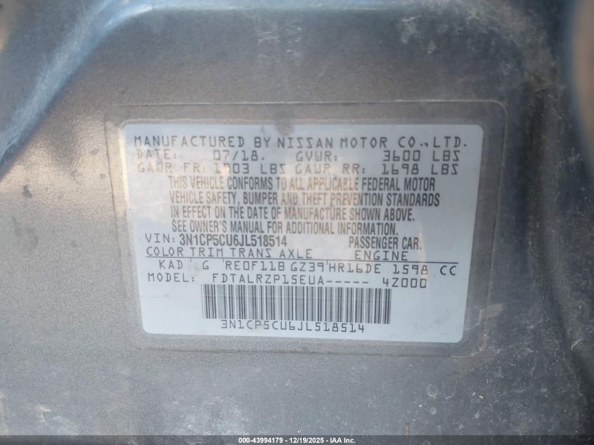 2018 Nissan Kicks S VIN: 3N1CP5CU6JL518514 Lot: 43994179