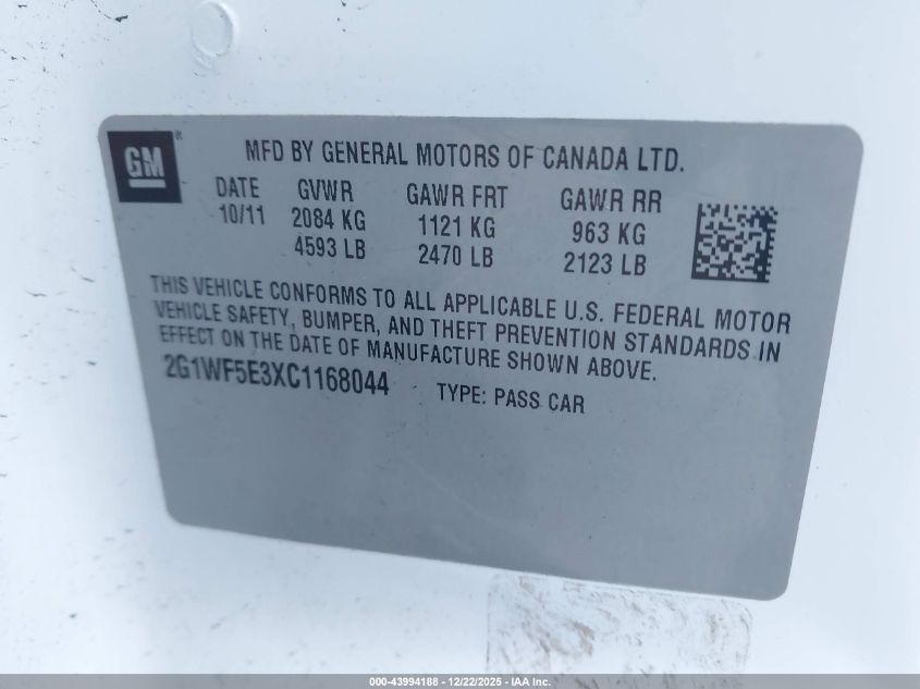 2012 Chevrolet Impala Ls VIN: 2G1WF5E3XC1168044 Lot: 43994188