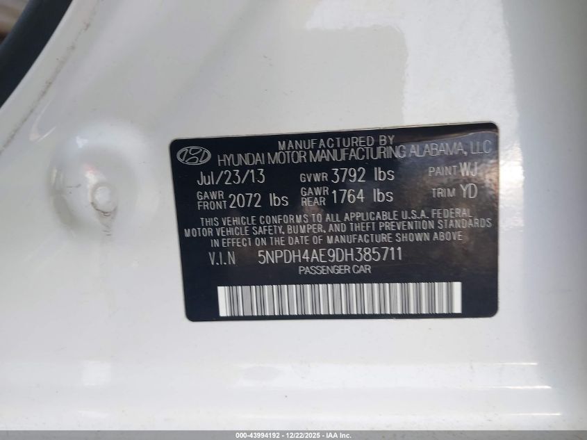 2013 Hyundai Elantra Gls VIN: 5NPDH4AE9DH385711 Lot: 43994192