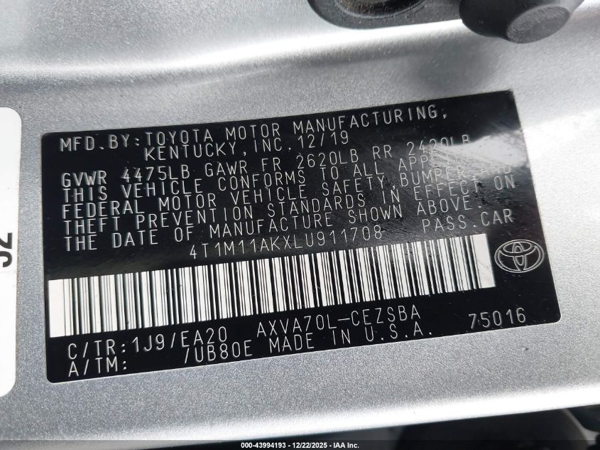 2020 Toyota Camry Se VIN: 4T1M11AKXLU911708 Lot: 43994193