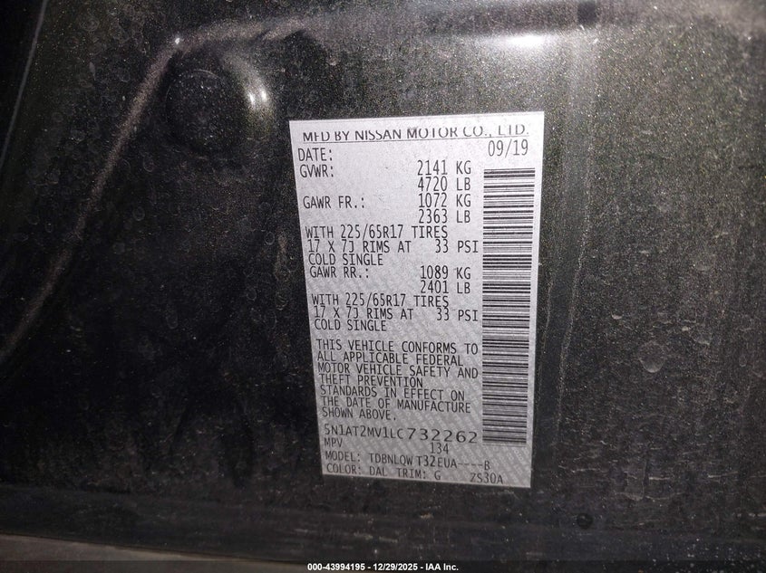 VIN 5N1AT2MV1LC732262 2020 NISSAN ROGUE SV INTELLIGENT AWD