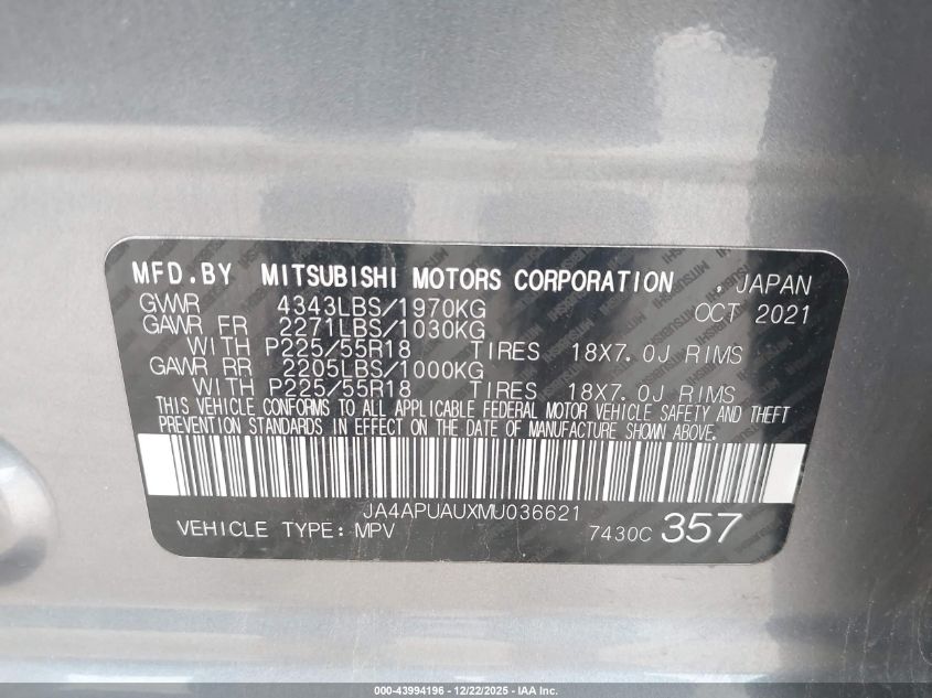 2021 Mitsubishi Outlander Sport 2.0 Be 2Wd/2.0 Es 2Wd/2.0 Le 2Wd/2.0 S 2Wd VIN: JA4APUAUXMU036621 Lot: 43994196