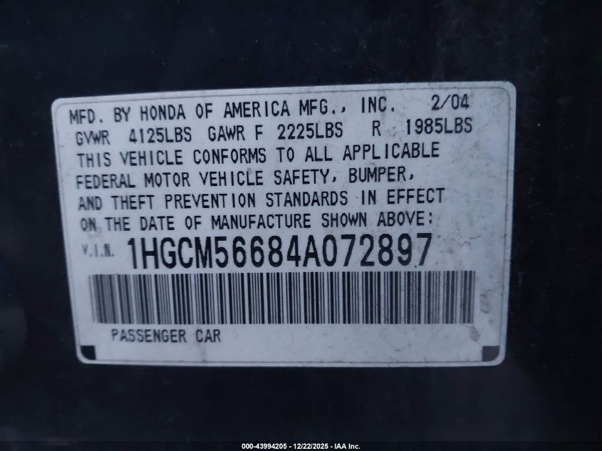 2004 Honda Accord 2.4 Ex VIN: 1HGCM56684A072897 Lot: 43994205