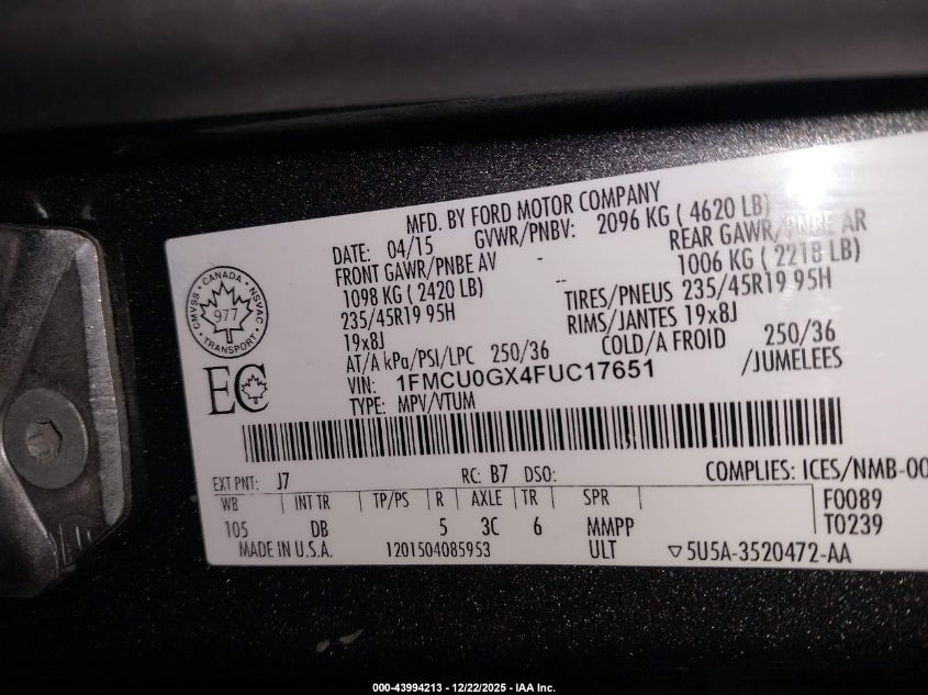 2015 Ford Escape Se VIN: 1FMCU0GX4FUC17651 Lot: 43994213