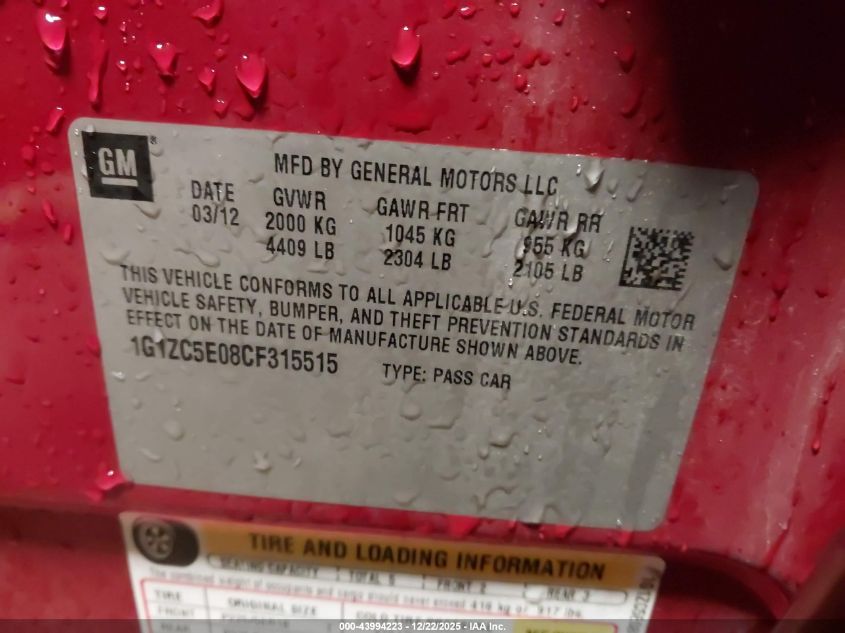 2012 Chevrolet Malibu 1Lt VIN: 1G1ZC5E08CF315515 Lot: 43994223