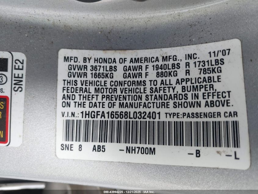 2008 Honda Civic Lx VIN: 1HGFA16568L032401 Lot: 43994225