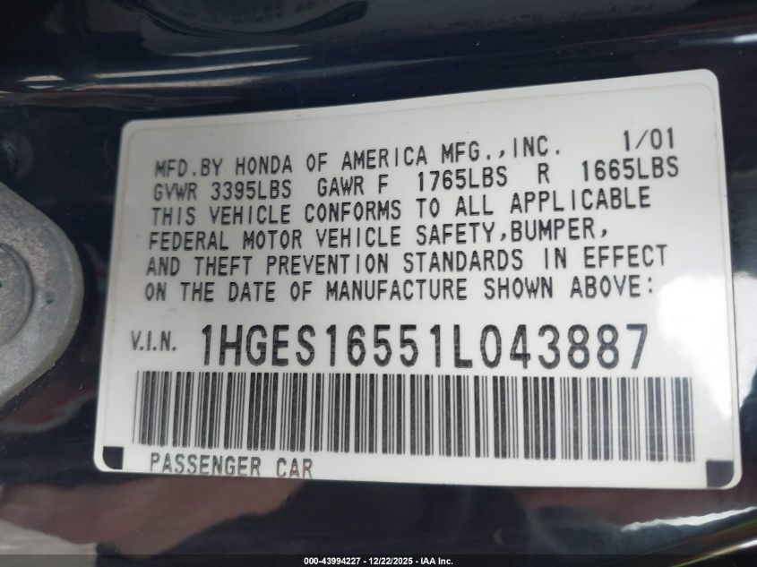 2001 Honda Civic Lx VIN: 1HGES16551L043887 Lot: 43994227