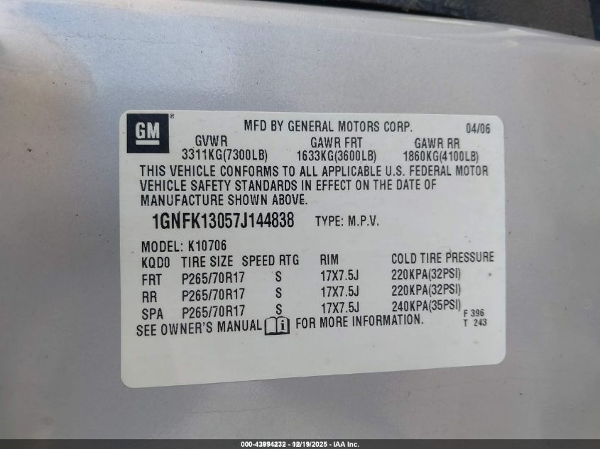 2007 Chevrolet Tahoe Ls VIN: 1GNFK13057J144838 Lot: 43994232