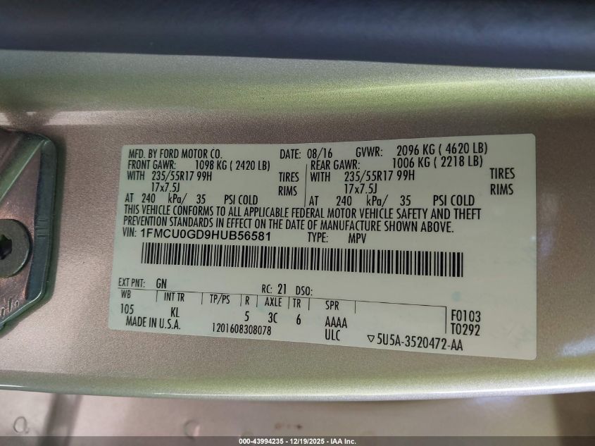 2017 Ford Escape Se VIN: 1FMCU0GD9HUB56581 Lot: 43994235