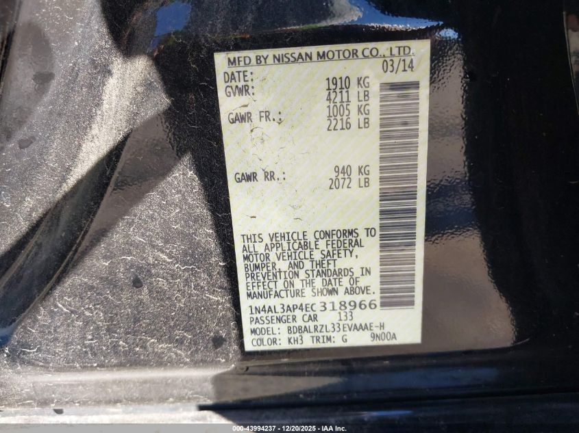 2014 Nissan Altima 2.5 S VIN: 1N4AL3AP4EC318966 Lot: 43994237