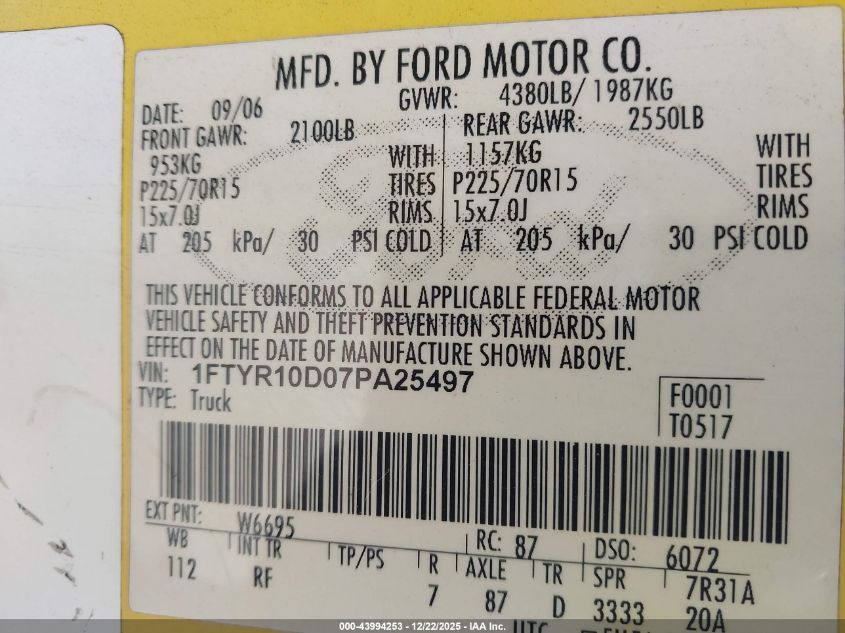 2007 Ford Ranger Stx/Xl/Xlt VIN: 1FTYR10D07PA25497 Lot: 43994253