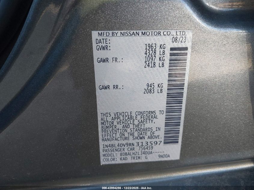 2024 Nissan Altima Sv Fwd VIN: 1N4BL4DV9RN313597 Lot: 43994256