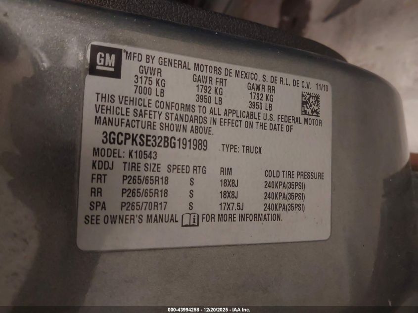 2011 Chevrolet Silverado 1500 Lt VIN: 3GCPKSE32BG191989 Lot: 43994258