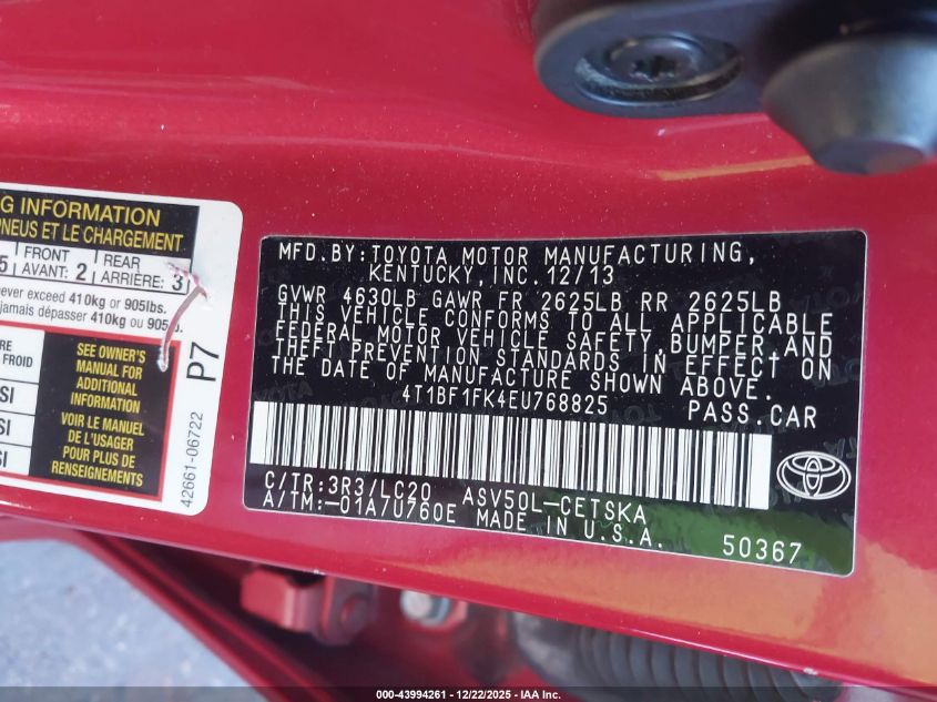 2014 Toyota Camry Se VIN: 4T1BF1FK4EU768825 Lot: 43994261