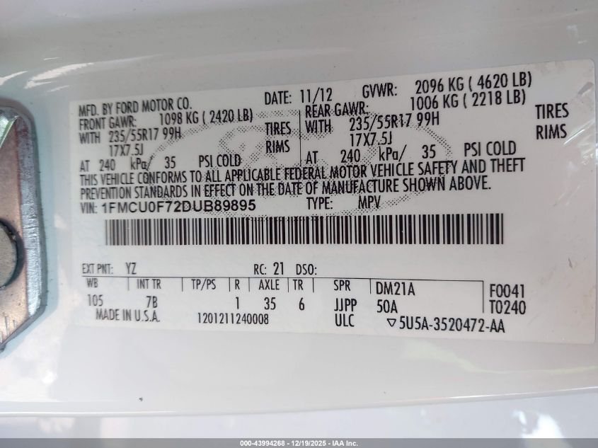 2013 Ford Escape S VIN: 1FMCU0F72DUB89895 Lot: 43994268