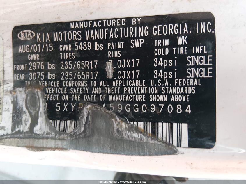 2016 Kia Sorento 3.3L Lx VIN: 5XYPG4A59GG097084 Lot: 43994269