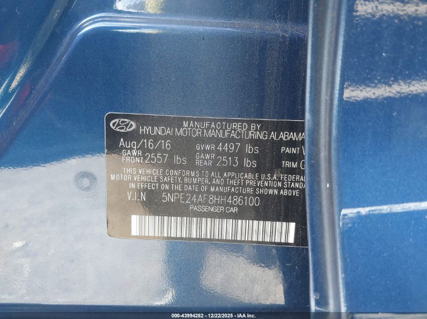 2017 Hyundai Sonata VIN: 5NPE24AF8HH486100 Lot: 43994282
