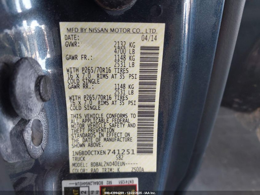 2014 Nissan Frontier Sv-I4 VIN: 1N6BD0CTXEN741251 Lot: 43994289