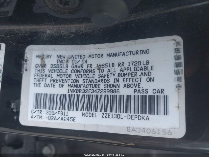 2004 Toyota Corolla Ce VIN: 1NXBR32E34Z299986 Lot: 43994290