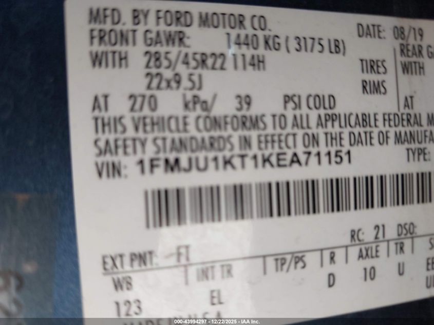 2019 Ford Expedition Limited VIN: 1FMJU1KT1KEA71151 Lot: 43994297