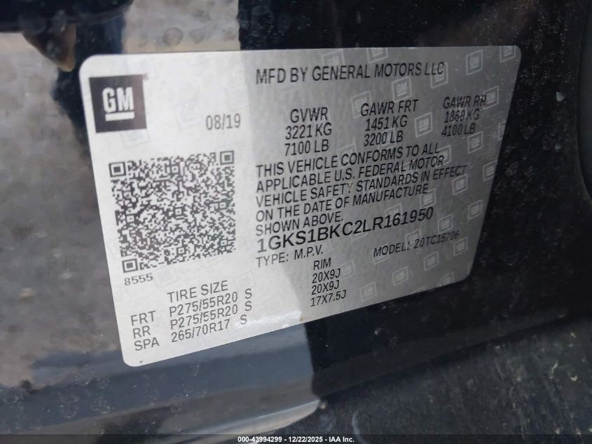 2020 GMC Yukon 2Wd Slt VIN: 1GKS1BKC2LR161950 Lot: 43994299