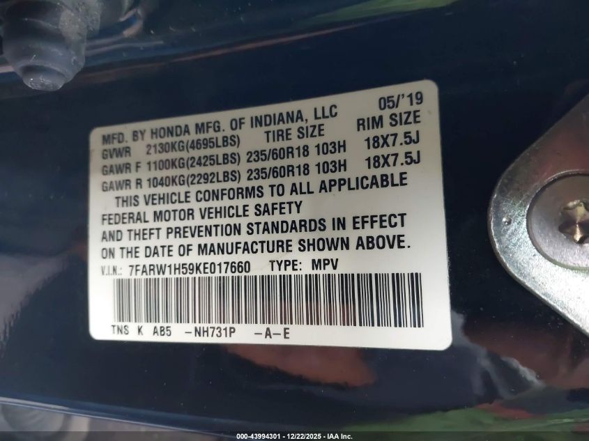 2019 Honda Cr-V Ex VIN: 7FARW1H59KE017660 Lot: 43994301