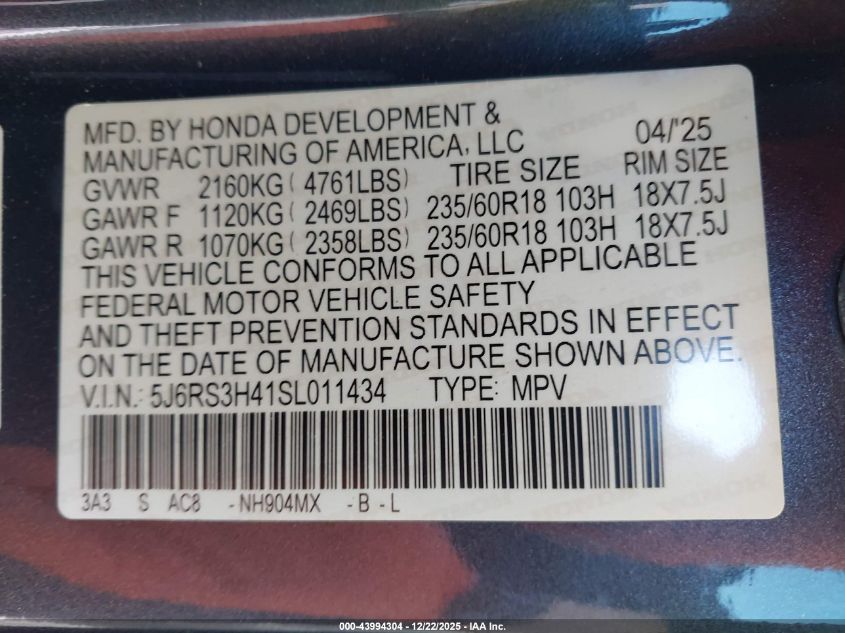 2025 Honda Cr-V Ex 2Wd VIN: 5J6RS3H41SL011434 Lot: 43994304