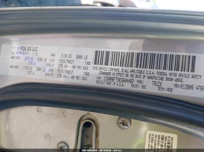 2019 Ram 1500 Classic Tradesman 4X2 6'4 Box VIN: 1C6RR6FT5KS604482 Lot: 43994319