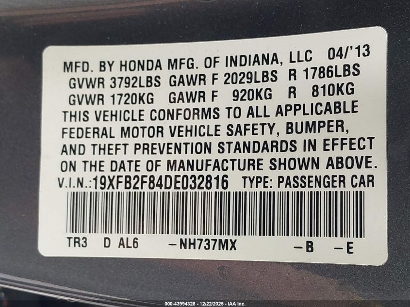 2013 Honda Civic Ex VIN: 19XFB2F84DE032816 Lot: 43994328