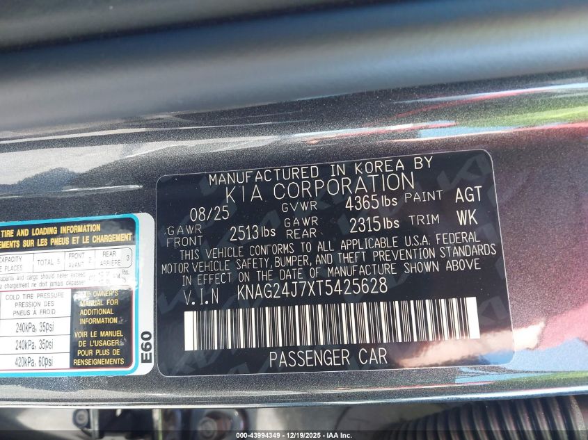 2026 Kia K5 Lxs Fwd VIN: KNAG24J7XT5425628 Lot: 43994349
