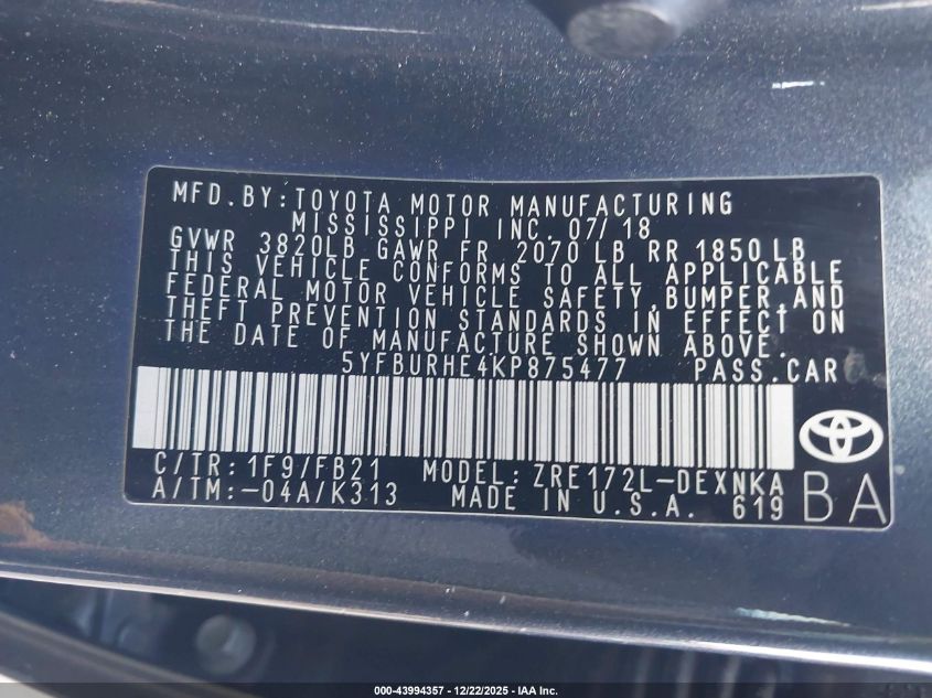 2019 Toyota Corolla Le VIN: 5YFBURHE4KP875477 Lot: 43994357