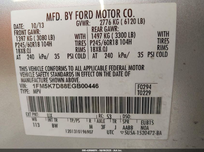 2014 Ford Explorer Xlt VIN: 1FM5K7D88EGB00446 Lot: 43994371